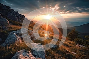 Meadow Sunset panorama View: Serene Nature Landscape Colorful Sky. Wide Countryside rye wheat field in the summer on cloudy sky