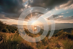 Meadow Sunset panorama View: Serene Nature Landscape Colorful Sky. Wide Countryside rye wheat field in the summer on cloudy sky