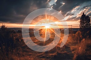 Meadow Sunset panorama View: Serene Nature Landscape Colorful Sky. Wide Countryside rye wheat field in the summer on cloudy sky