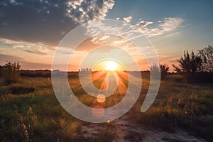 Meadow Sunset panorama View: Serene Nature Landscape Colorful Sky. Wide Countryside rye wheat field in the summer on cloudy sky