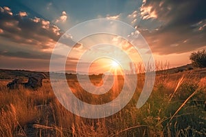 Meadow Sunset panorama View: Serene Nature Landscape Colorful Sky. Wide Countryside rye wheat field in the summer on cloudy sky