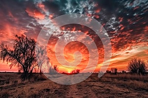 Meadow Sunset panorama View: Serene Nature Landscape Colorful Sky. Wide Countryside rye wheat field in the summer on cloudy sky