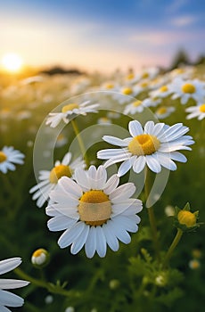 A meadow with white chamomile flowers in the rays of the morning sun in close-up. Herbal medicine. Vertical photography