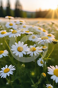 A meadow with white chamomile flowers in the rays of the morning sun in close-up. Herbal medicine. Vertical photography