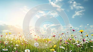 Meadow with white and pink spring daisy flowers and yellow dandelions under sunny blue sky