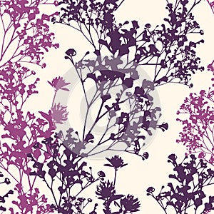 Meadow wild flowers silhouettes on light background. Vector seamless pattern. Cute elegant floral background