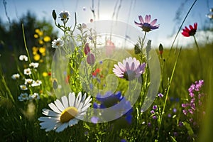 meadow with wild flowers at a sunny day during spring