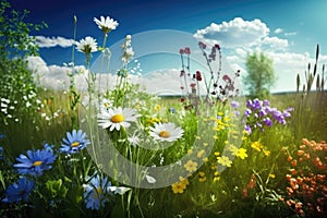 meadow with wild flowers at a sunny day during spring