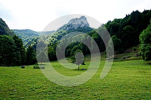 Meadows and forests above Jasenova with hills of Mala Fatra National Park, Slovakia