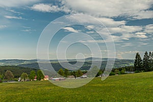 Meadows and forests near Javornik hill and village in Sumava national park