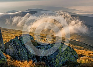 Meadows and Hills in Low Tatra Mountains National Park over clouds