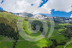 The meadows in the middle of the mountains in Europe, France, towards Beaufort, in the Alps, in summer, on a sunny day