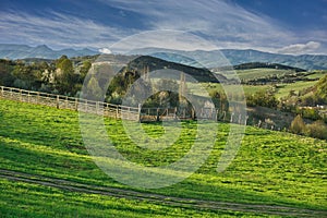 Meadows over Lednica village during spring