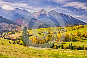 Meadows with trees in Bachledova dolina valley with Belianske Tatras on horizon