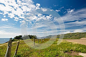 Meadows and view of the Pacific Ocean at Point Bonita, California, USA