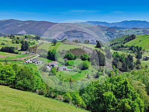 Meadows and Villamea village in background, San Martin de Oscos municipality, Asturias, Spain