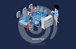 Meal In Aircraft And Airline Prestige Concept. Passengers Flight By Business Class, Flight Attedant Delivers Food On