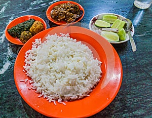 Meal in Bangladesh - Rice, Alo vorta, Shim borta and chicken cur