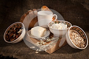 Meal with bread,milk and cereals