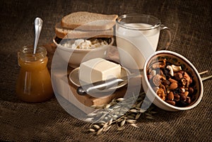 Meal with bread,milk and cereals