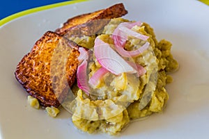 Meal in Dominican Republic - fried cheese with mangu mashed plantain