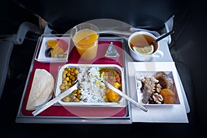 meal in Economy Class. Airlines. for food on plane. to feed the passengers. food set close-up top view