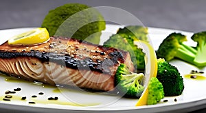 Meal of grilled salmon accompanied by broccoli