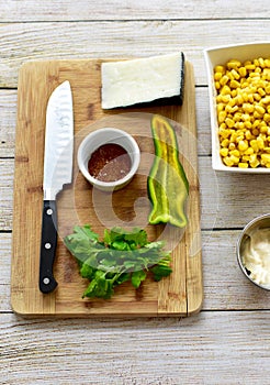 Fresh chopped and prepared ingredients for making homemade street corn salad for gourmet tasty meals