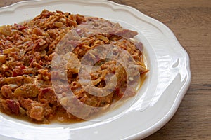 Meal leÄo or lesco. Leco from vegetable - pepper, tomato and onion with eggs.