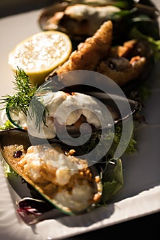 A meal of oysters with lemon and sauce. Plate with mediterranean seafood dish black shell mussels with herbs.