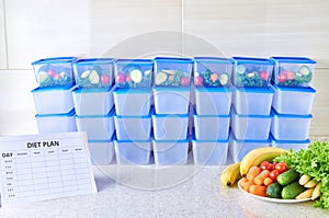 A meal plan for a week on a white table among set of plastic containers for food and food. Proper nutrition five times a week