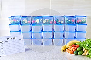 A meal plan for a week on a white table among set of plastic containers for food and food. Proper nutrition four times a week