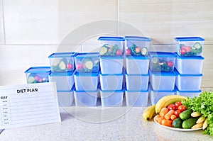 A meal plan for a week on a white table among set of plastic containers for food and food. Proper nutrition during the week