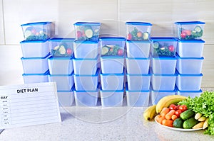 A meal plan for a week on a white table among set of plastic containers for food and food. Proper nutrition during the week