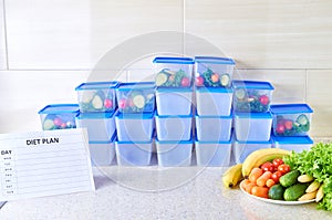 A meal plan for a week on a white table among set of plastic containers for food and food. Proper nutrition during the week
