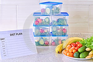 A meal plan for a week on a white table among set of plastic containers for food and food. Proper nutrition during the week