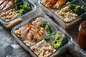 Meal prep containers with grilled chicken, brown rice, and steamed broccoli. Generative AI