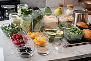 meal prep station with all the ingredients and recipes needed for healthy meals on busy weekdays