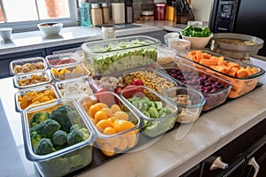 meal prep station with all the ingredients and recipes needed for healthy meals on busy weekdays