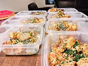 Meal preparations of the tofu curry with shirataki noodles for the week