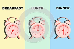 Meal schedule. Time for breakfast, lunch and dinner. Alarm clock with time for food. Correct and healthy diet. Diet and