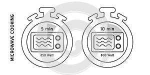 Meal Timer logo design. 5 minutes cook in boiling saucepan, fry pan,  microwave watt and oven cooker