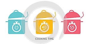 Meal Timer logo design. 5 minutes cook in boiling saucepan, fry pan,  microwave watt and oven cooker