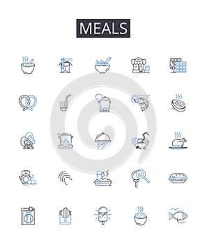 Meals line icons collection. Foodstuffs, Grub, Comestibles, Cuisine, Fare, Victuals, Provisions vector and linear