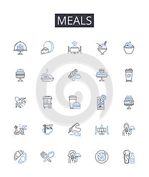 Meals line icons collection. Foodstuffs, Grub, Comestibles, Cuisine, Fare, Victuals, Provisions vector and linear