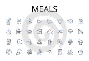 Meals line icons collection. Foodstuffs, Grub, Comestibles, Cuisine, Fare, Victuals, Provisions vector and linear