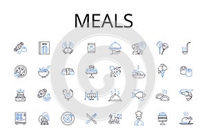 Meals line icons collection. Foodstuffs, Grub, Comestibles, Cuisine, Fare, Victuals, Provisions vector and linear