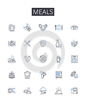 Meals line icons collection. Foodstuffs, Grub, Comestibles, Cuisine, Fare, Victuals, Provisions vector and linear photo