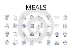 Meals line icons collection. Foodstuffs, Grub, Comestibles, Cuisine, Fare, Victuals, Provisions vector and linear photo