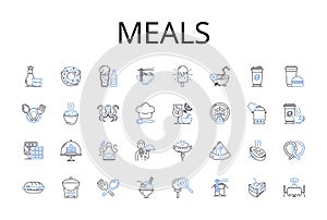 Meals line icons collection. Foodstuffs, Grub, Comestibles, Cuisine, Fare, Victuals, Provisions vector and linear photo